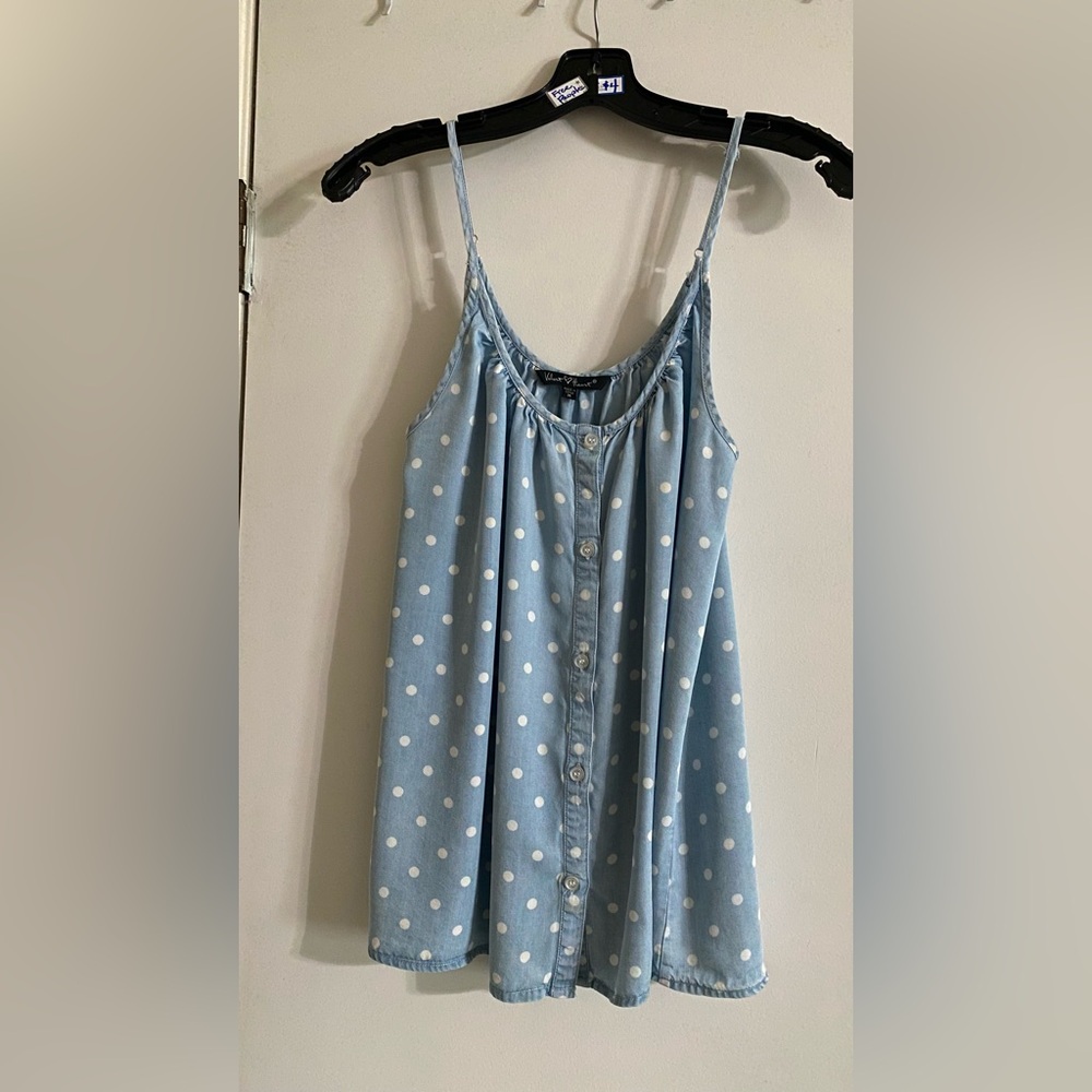 Velvet Heart, Denim Chambray w/White Polka Dots Spaghetti-strap Blouse, M